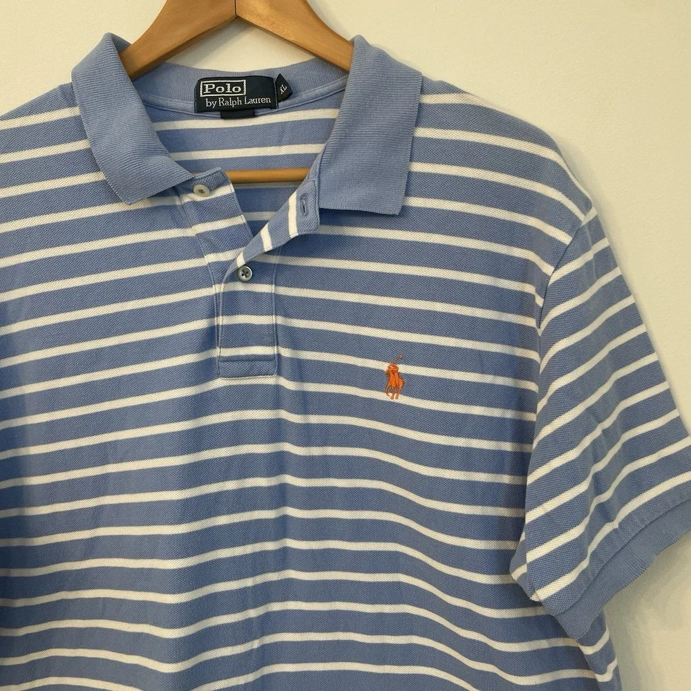 Polo Ralph Lauren Shirt XL Blue White Striped Orange‎ Pony Preppy Cotton Mens XL